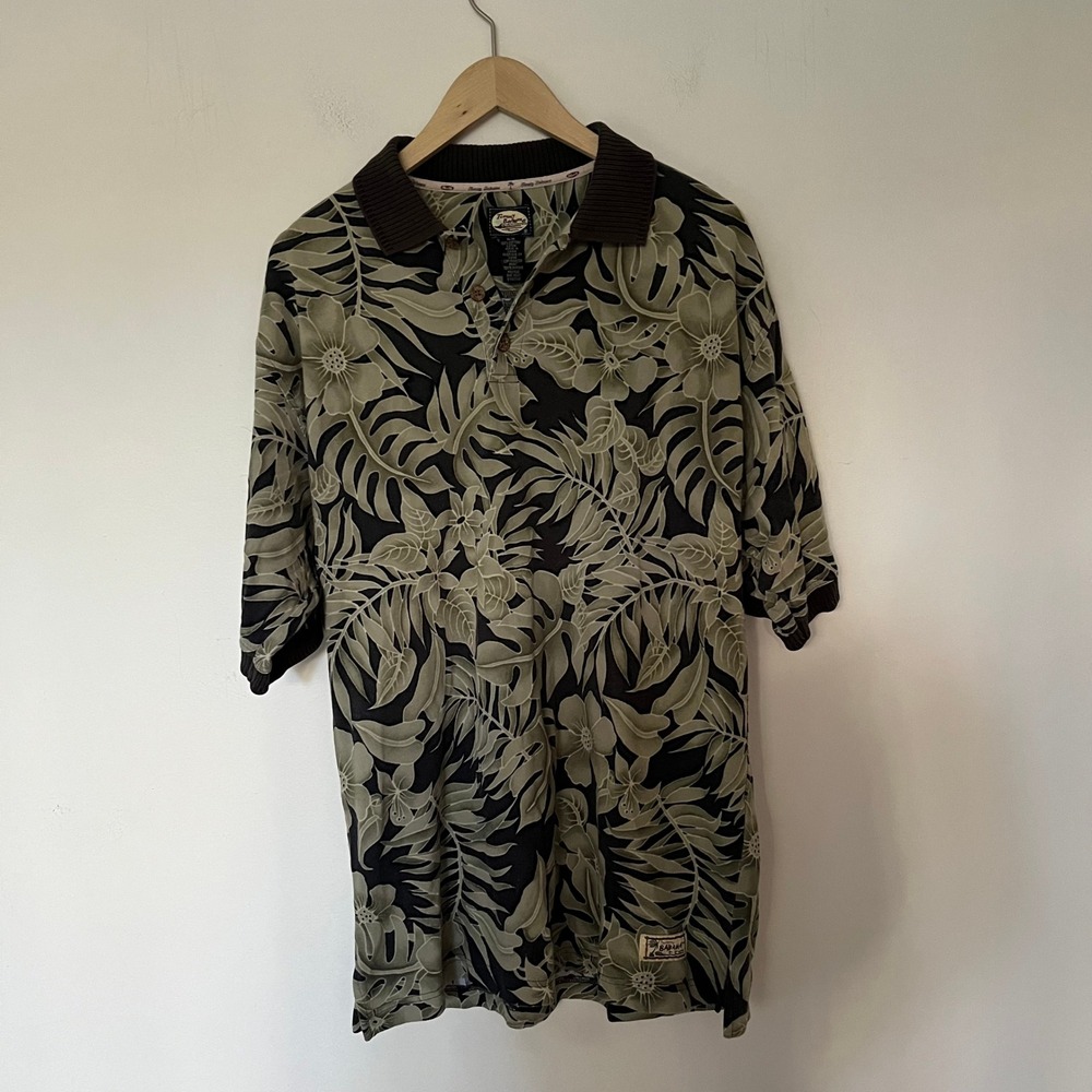 Tommy Bahama Relax Mens Medium Polo Shirt Tropical Floral Monstera Green Black